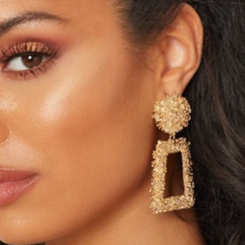Rose Gold Statement Textured Rectangular Earrings - Picture 2 of 3